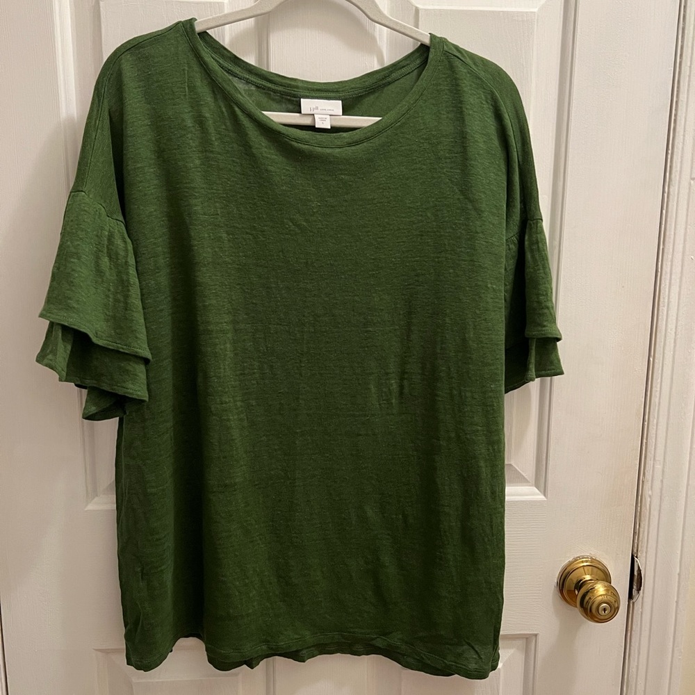 J Jill 100% Linen Flutter Sleeve Top, Forest Green, sz L